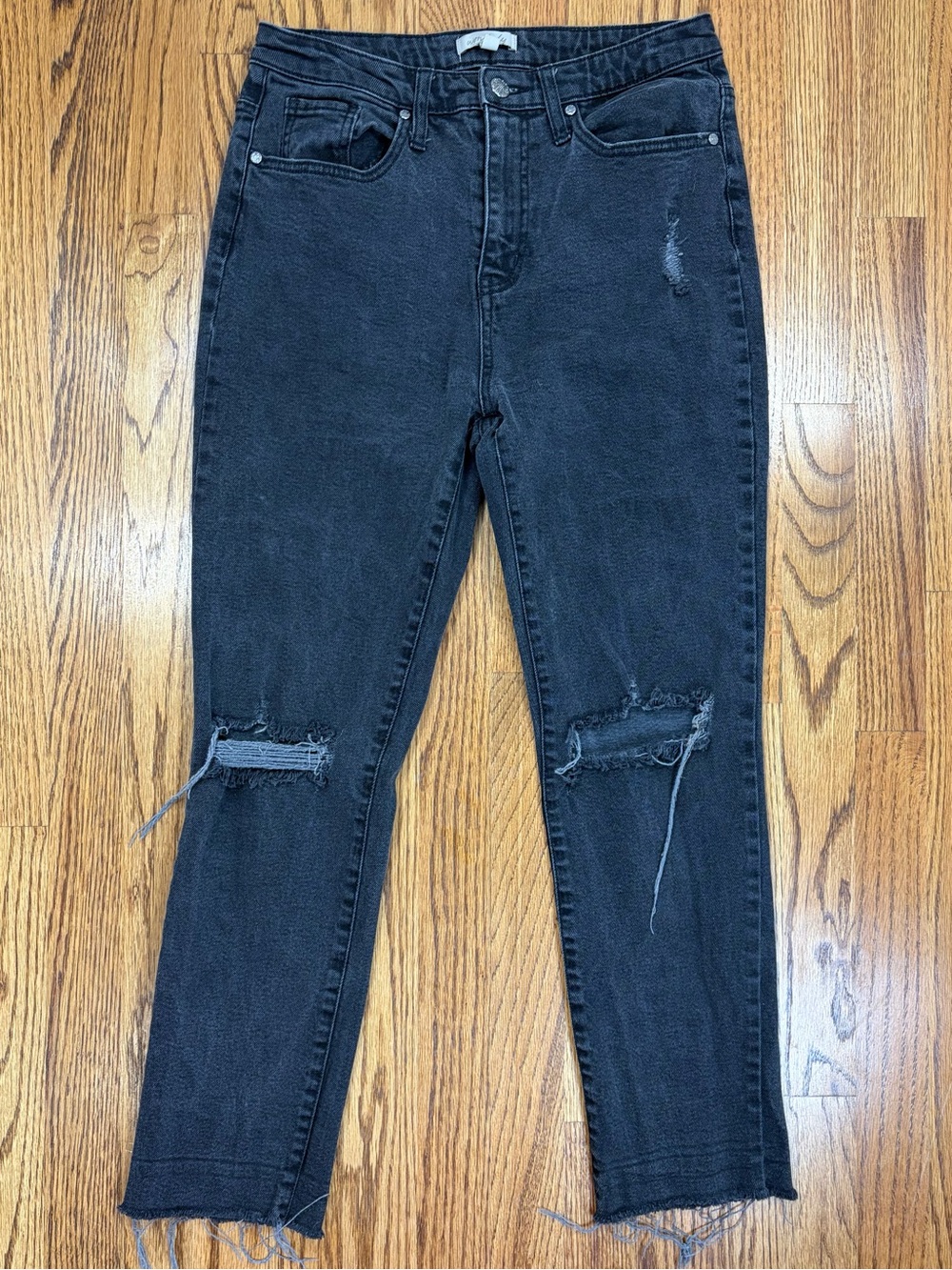 Wonderly Charcoal Gray High-Waist Raw Hem Distressed Denim Jeans (28)